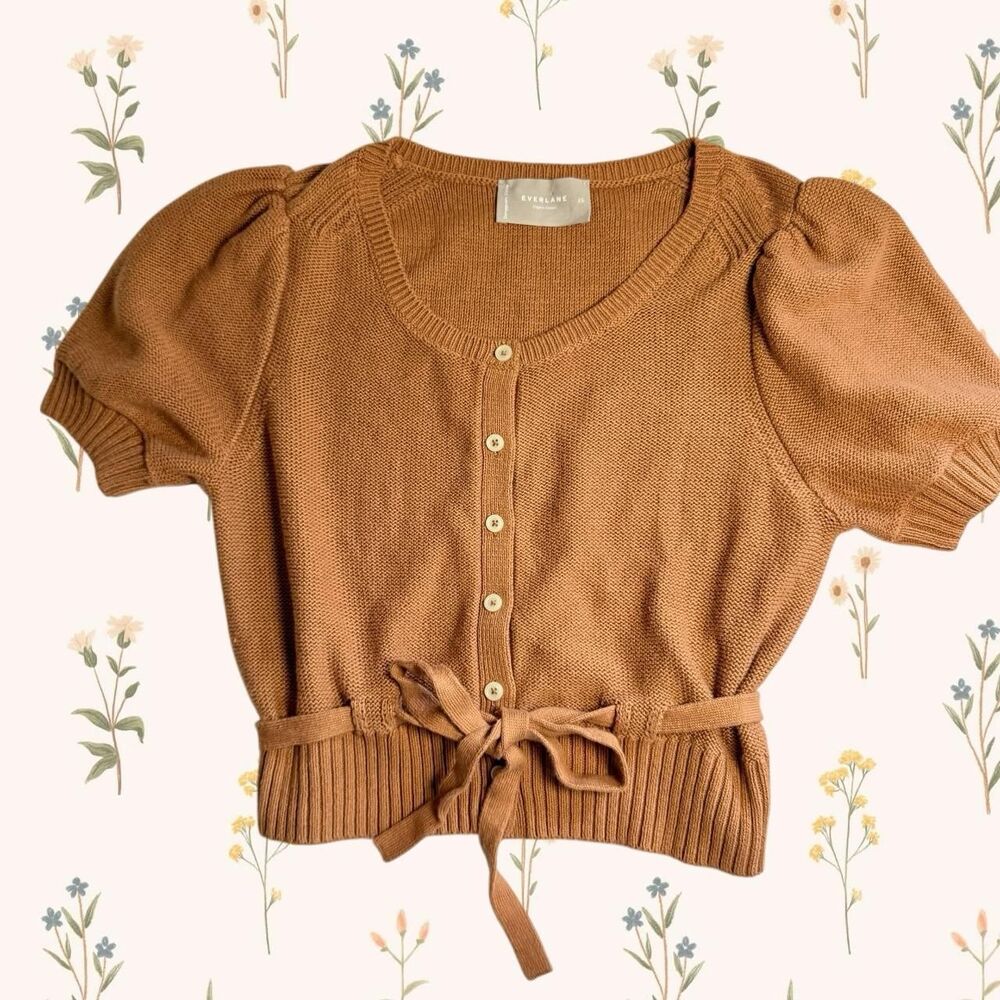 Everlane "The Puff Sleeve" Short Sleeve Cardigan Coquette Cotton Bow Top XS - Picture 1 of 6